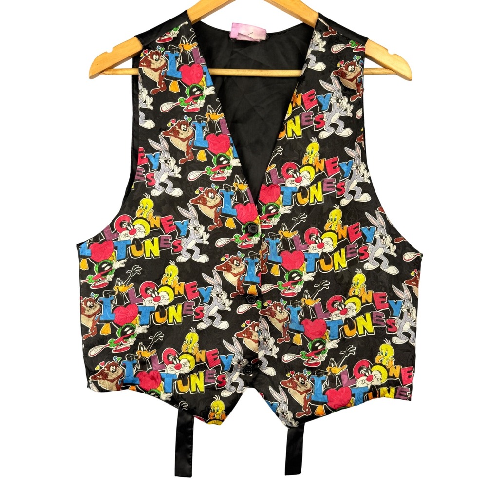 Vintage 90's Looney Tunes Vest Womenβ OS Black Multi Color Graphic Print V-Neck